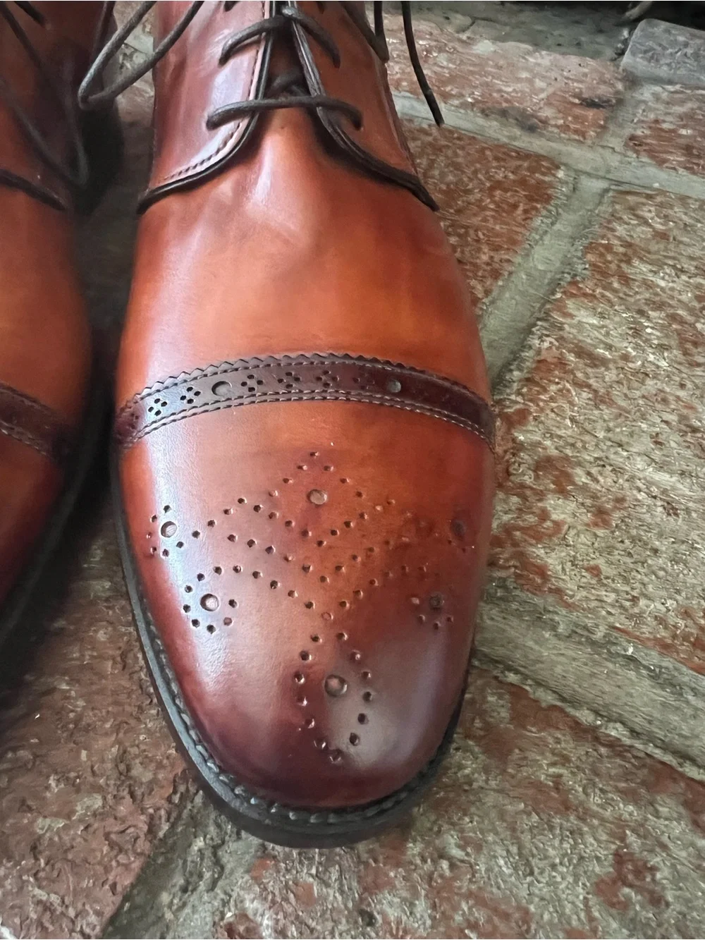 Santoni Cognac Leather Cap-Toe Derby Oxfords with Broguing